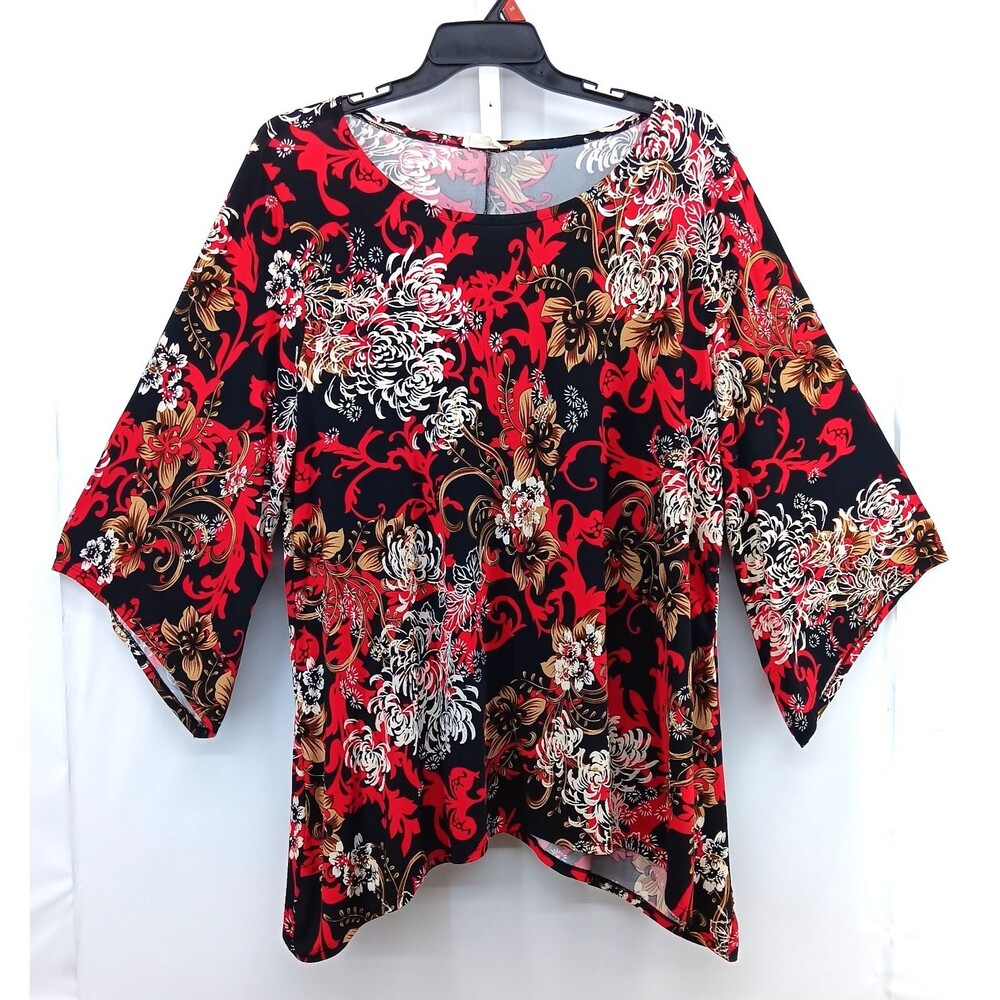 Brittany Black Blouse Women Size 2X Black Red Floral 3/4 Sleeve Boat Neck Top
